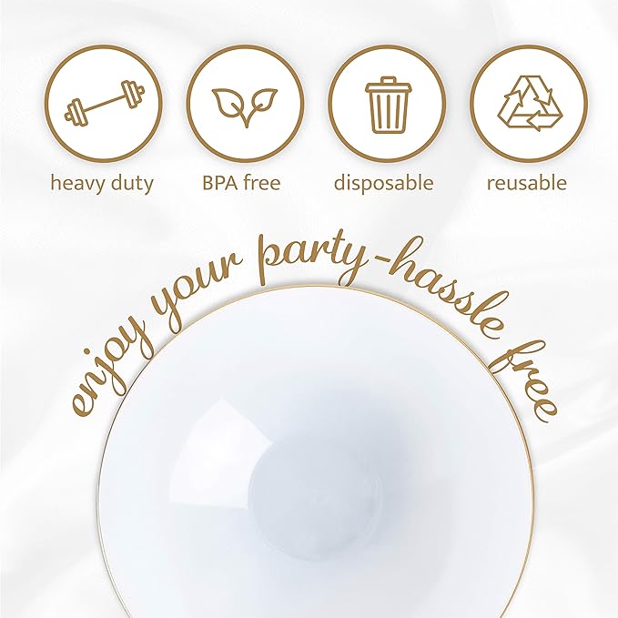 PLASTICPRO [16 OZ 20 Count] White Plastic Floral Design Party Soup bowls With Gold Rim Premium heavyweight Elegant Disposable Tableware Dishes