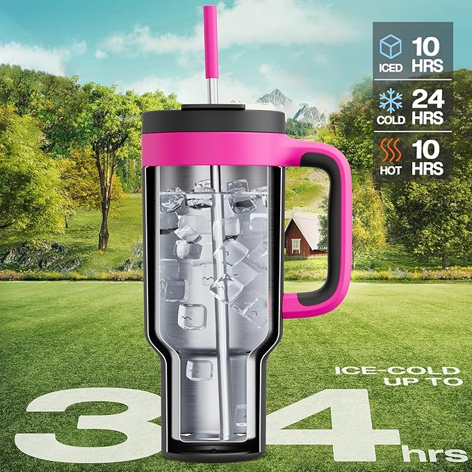 40 oz Tumbler with Handle, 2-in-1 Straw and Sip Lid, Leakproof, Dishwasher Safe, Insulated Stainless Steel Travel Coffee Mug, Keeps Cold for 34 Hours, Fits in Car Cup Holder (Berry)