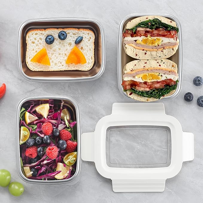 BEFOY Stainless Steel Snack Food Storage Container with Lids 4PCS 22.8OZ Leak Proof & Airtight Bento Box Lunch Container for Kitchen Meal Prep freezer Rectangular,Reusable & Stackable(white)