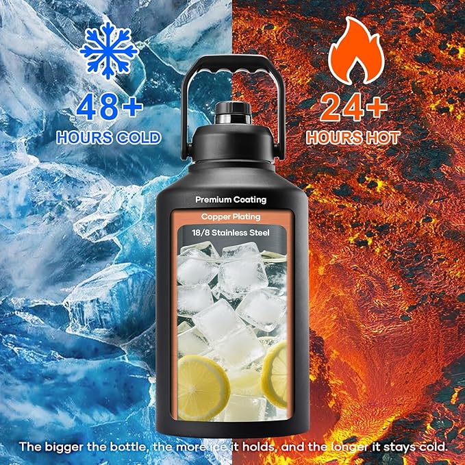 BUZIO 1.5 Gallon Water Bottle Insulated, (Cold for 48 Hrs) 196oz Large Water Jug Stainless Steel, 3.58in Big Wide Mouth Leak Proof BPA Free Flask with Carrying Sleeve for Camping,Gym,Travel, Black