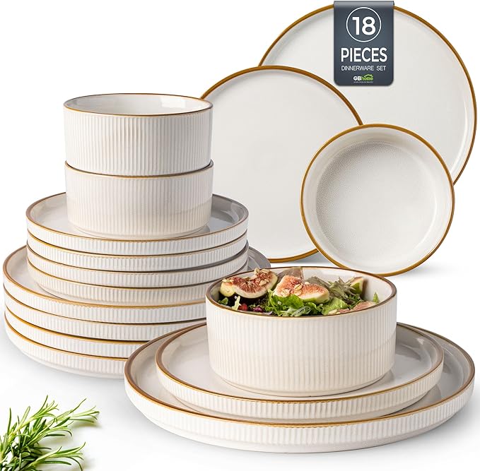 GBHOME Stoneware Dinnerware Sets for 6,Round Reactive Glaze Ceramic Plates and Bowls Set,Highly Scratch Resistant | Dishwasher & Microwave Safe Dishes Set,Service for 6(18Pcs)
