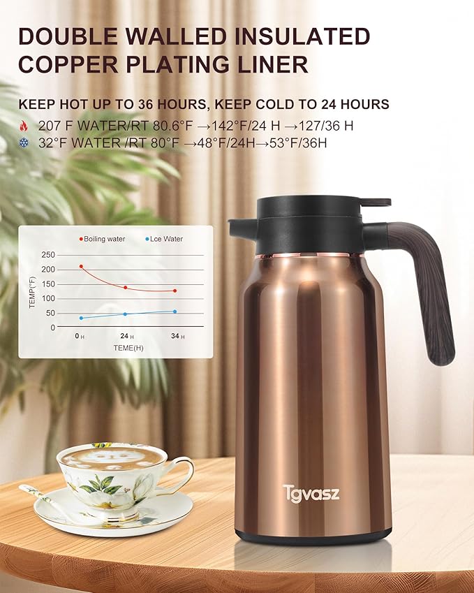 Thermal Coffee Carafe 70 oz - 36 Hour Hot Stainless Steel Carafes for Hot Liquids-Insulated Coffee Carafes For Keeping Hot/Cold Coffee, Tea, Water, Drink Dispenser for Parties(Black)