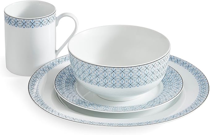 Portmeirion Home Mallorca 16 Piece Porcelain Dinnerware Set with Blue Geometric Border, 4 Place Settings - Ideal for Weekday Meals, Casual Brunches, Relaxed Dinner Parties, Small Family Celebrations