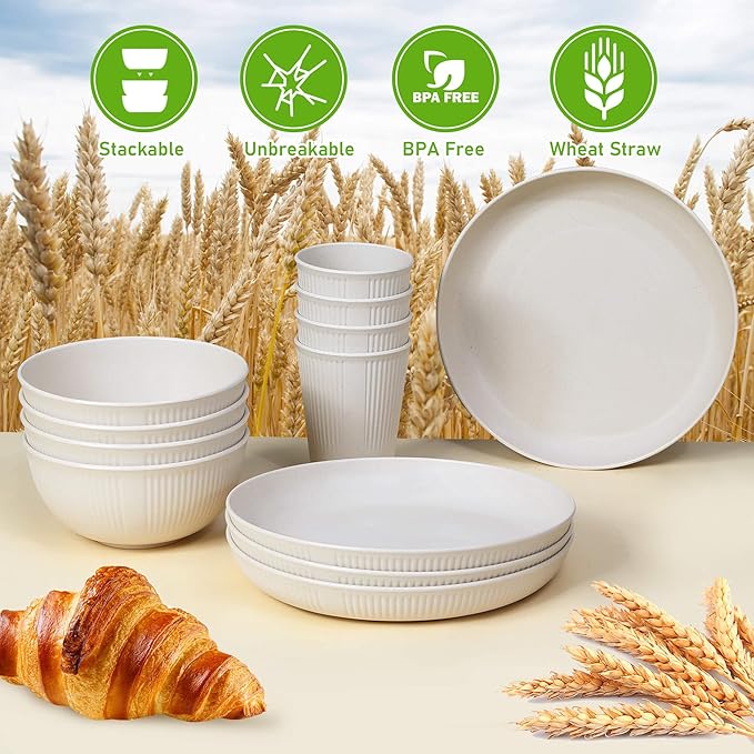 12pcs Wheat Straw Dinnerware Sets, Kitchen Unbreakable Wheat Straw Plates and Bowls Sets for College Dorm Apartment Reusable Beige