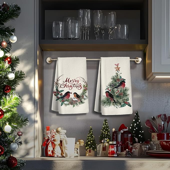Christmas Kitchen Towels, Christmas Dish Towels Set of 2,Red Bird Christmas Tree Tea Towels for Kitchen,Christmas Hand Towels for Bathroom,Gifts for Women,Housewarming Gifts 16×24 Inches