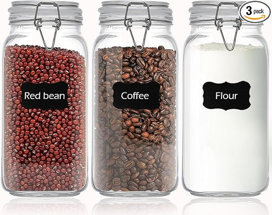 Clear Food Storage Jars 78oz Square, Airtight Glass Canister with Lids Set of 3, Kitchen & Pantry Organization Food Storage Container for Canning, Sugar, Flour, Candy, Cereal, Coffee