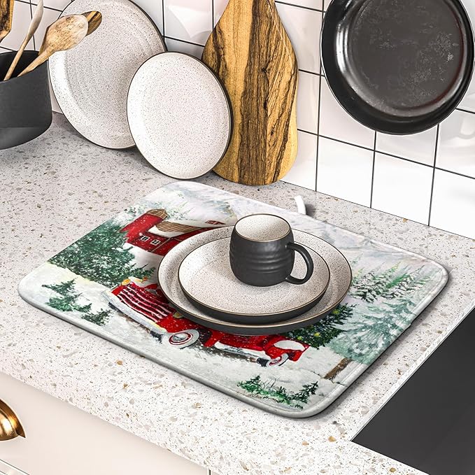 Winter Red Truck Dish Drying Mat Christmas Tree Dishes Pad 16x18 Inch Dish Drainer Rack Mats Absorbent Fast Dry Kitchen Holiday Accessories