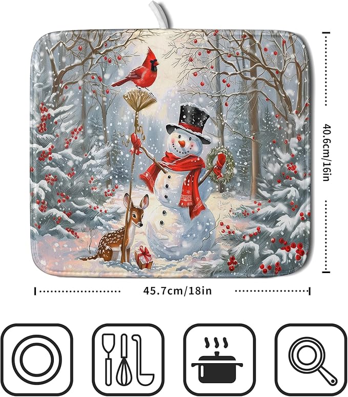 Winter Snowman Dish Drying Mat for Kitchen Counter Red Bird Berry Dishes Drainer Mats Holiday Microfiber Absorbent Dish Rack Pad 16x18 Inch