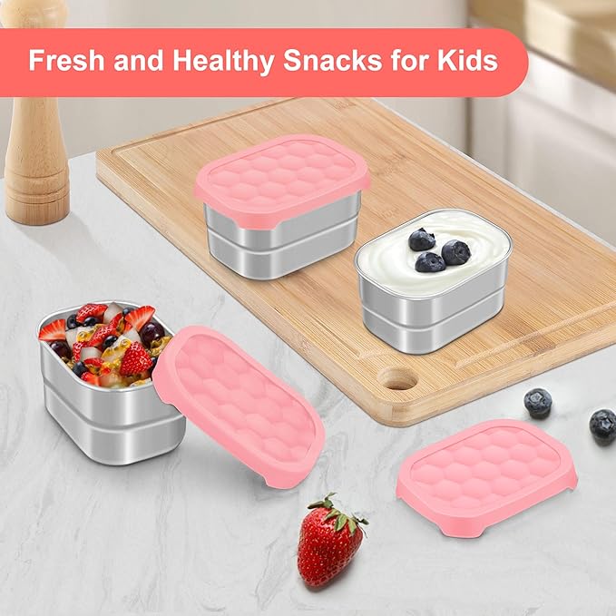 TeamFar 3 PCS Stainless Steel Snack Containers, 8oz /230ml Food Container with Silicone Lid for Kids Children, Metal Toddler Lunch Bento Box, Healthy & Lightweight, Leak-proof & Portable, Pink