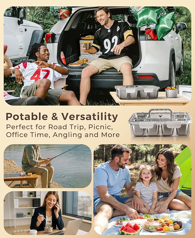 Snackle Box Container with 8 Removable Stainless Steel Compartments Divided Snack Tray with Portable Handle for Beach, Road Trip, Picnic, Boat Days, Ball Games, Pool and Parties