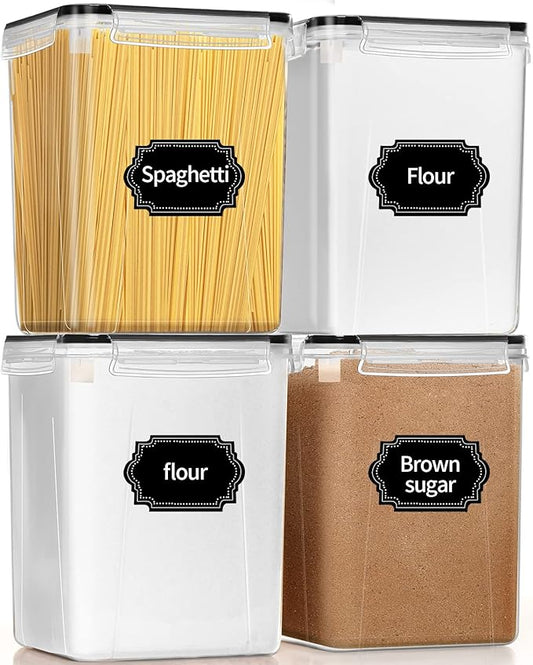 PRAKI Large Airtight Food Storage Containers 5.2L / 195oz, BPA Free, 4pcs Pantry Kitchen Organizers and Storage for Flour, Sugar, Baking Supplies, Plastic Flour Container with 20 Labels & Maker