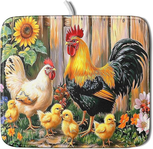 Rooster Dish Drying Mats 16x18 Inch,Farmhouse Chickens Sunflower Rustic Wooden Fence Microfiber Absorbent Draining Racks Sink Drainer Pad for Kitchen Coffee Maker Counter Decor