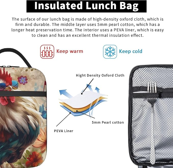 Retro Rooster Print Insulated Lunch Box Gifts for Kids Adults Colorful Farm Chicken and Floral Design Reusable Portable Lunchbox Cooler Lunchbag for Work Picnic School Travel or Hiking