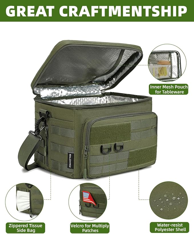 RalChyez Tactical Lunch Box, 13L Large Insulated Lunch Bag MOLLE Webbing Leakproof Thermal Cooler with Shoulder Strap Lunch Pail for Adult Men Women Office Work Camping Picnic Travel Green