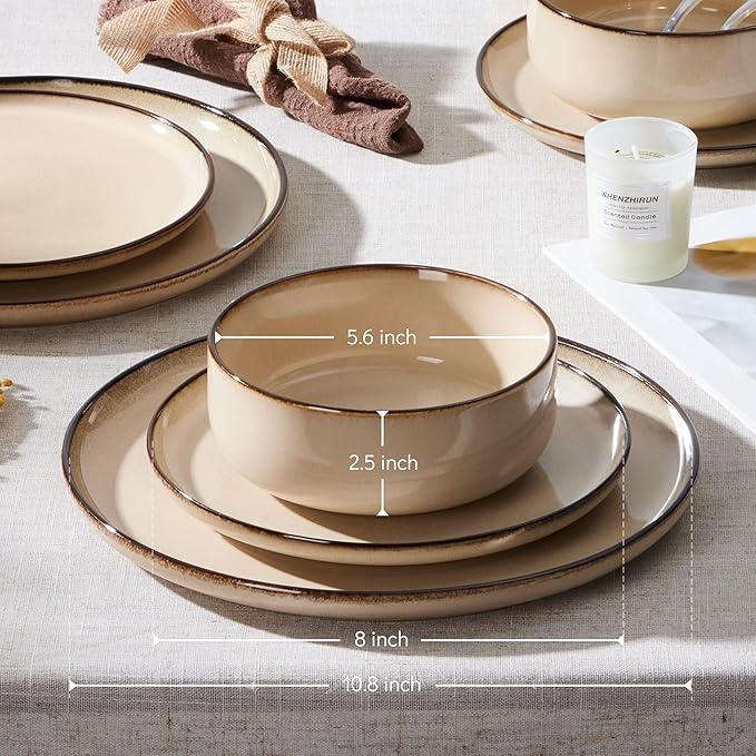 E-far 12-Piece Plates and Bowls Set, Stoneware Dinnerware Sets for 4, Reactive Glaze Ceramic Dinning Ware Dishes, Microwave & Dishwasher Safe - Sandy Beige