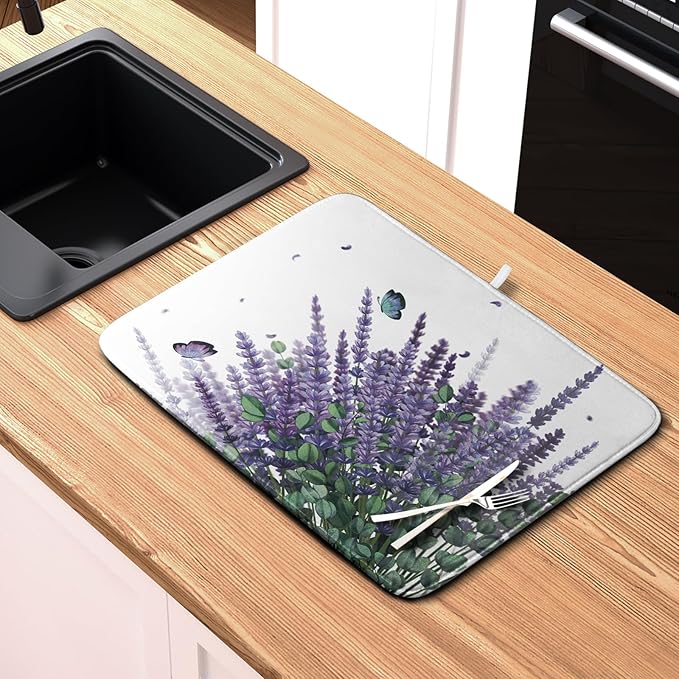 Purple Lavender Dish Drying Mat for Kitchen Counter, 18 x 24 Purple Floral Microfiber Dish Drainer Mats, Absorbent Reversible Microfiber Dish Mat, Butterflies Flowers Kitchen Drying Mats for Dishes