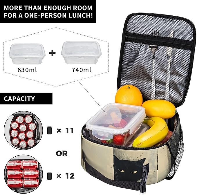 SUPLUCHOM Lunch Bag Cat Vintage Insulated Box Reusable with Side Pocket for Girl Boy Women Men Work School Picnic Hiking Daytrip Over 3 Years Old