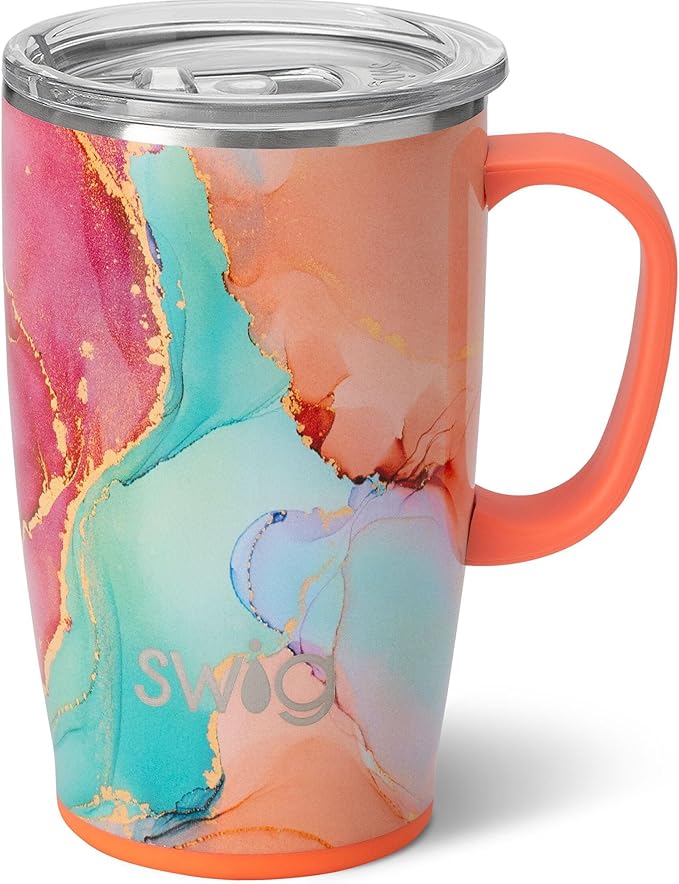 Swig Life 18oz Travel Mug, Insulated Tumbler with Handle and Lid, Cup Holder Friendly, Dishwasher Safe, Stainless Steel, Travel Coffee Cup (Dreamsicle)