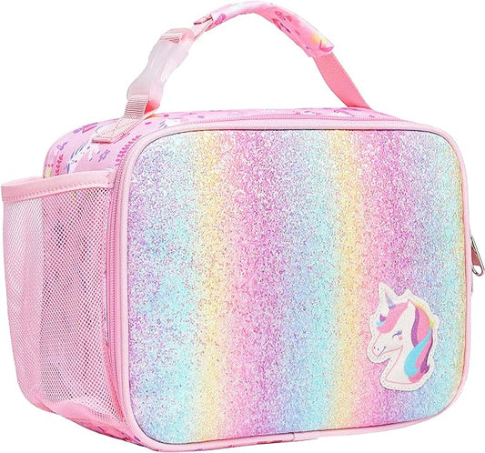 Bagseri Lunch Bag for Girls - Kids Lunch Box for Girls Reusable Leak-Proof and Insulated Kids Lunch Bag With Water Bottle Holder Toddler Lunch Box for Daycare and School, Glitter Pink Unicorn