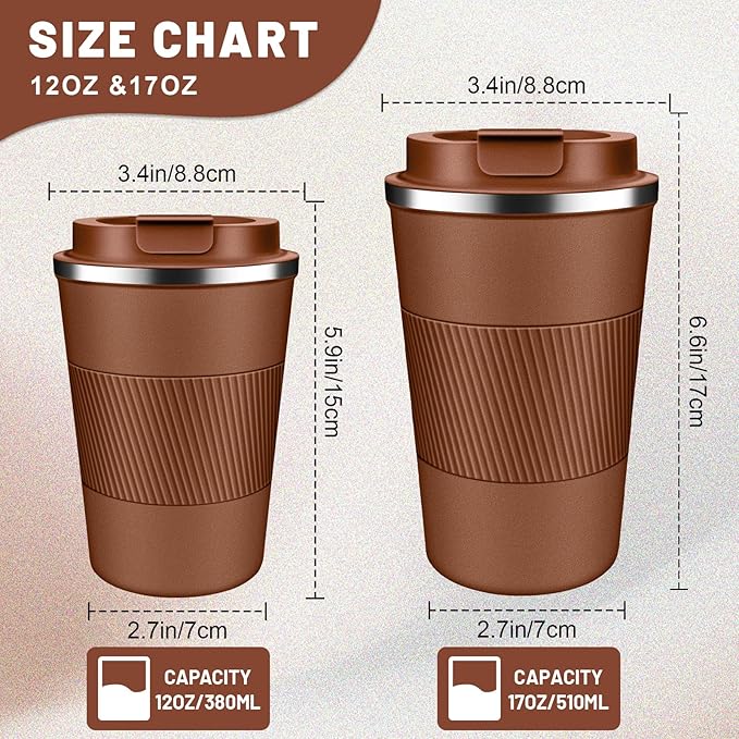 Insulated Coffee Tumblers with Flip Lid 12oz / 17oz, Stainless Steel Travel Coffee Mug Leak Proof, Vacuum Insulated Coffee Mug Reusable Cup, Keeps Cold and Hot for Coffee Tea