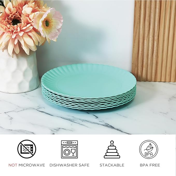 TP 8 inch Plates Set of 8, Melamine Round Plates for Salad Appetizer Dinner Lunch, Dessert Dishes for Indoors and Outdoors, Teal