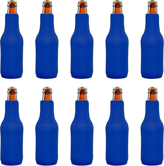 10 Neoprene Zippered Beer Bottle Coolies Pack - Sharkskin Rubber Bottom - Royal Blue