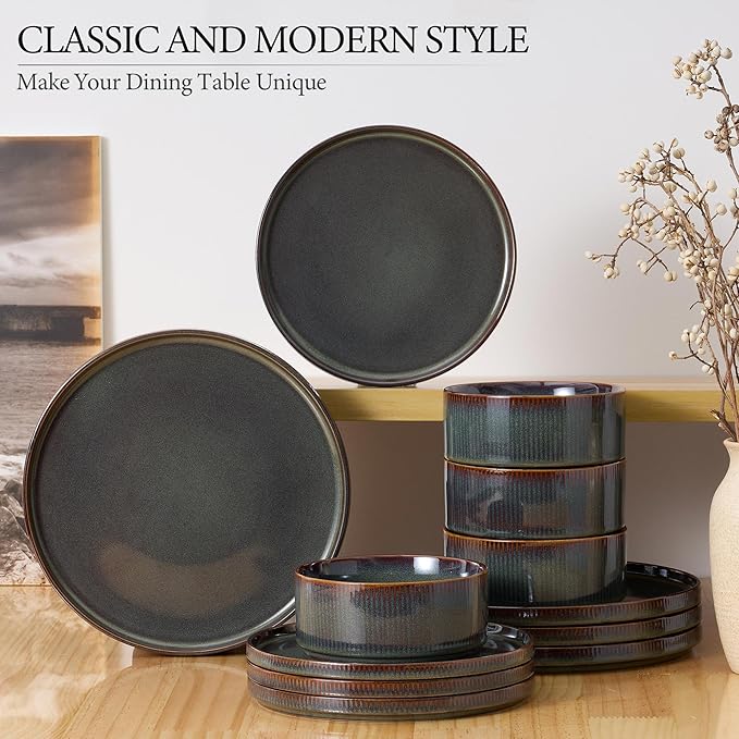 E-far 16 Piece Dinnerware Sets, Plates and Bowls with Pasta Bowls Service for 4, Modern Stoneware Ribbed Dishes for Kitchen Dining, Microwave & Dishwasher Safe, Blackish Green