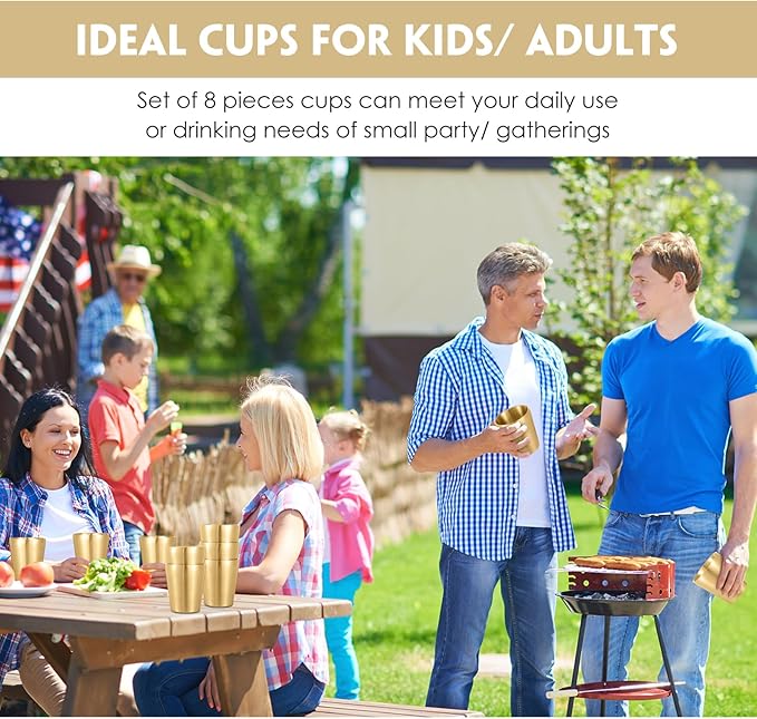 8 Pack Stainless Steel Insulated Cup Metal Tumbler Double Wall Vacuum Water Glasses Camping Reusable Mugs Bbq Home Office Party Coffee (Gold,10 oz)