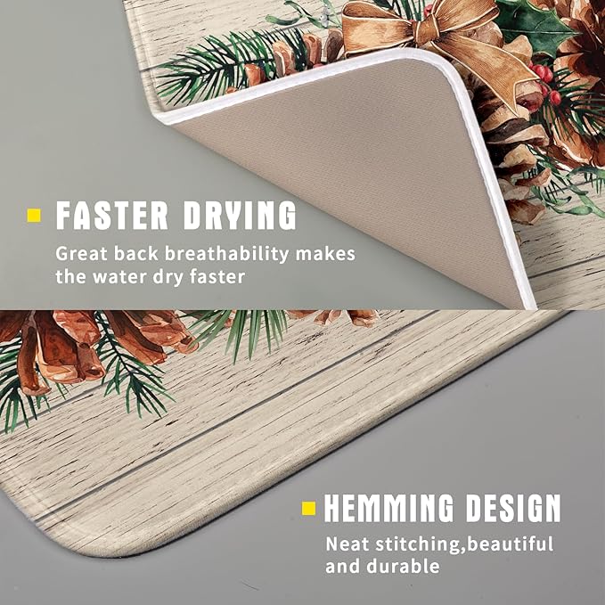 Winter Pine Cone Dish Drying Mat Holly Berries Dish Draining Mat Microfiber Washable Dish Drainer Rack Mat for Home Kitchen Counter 16"x18"