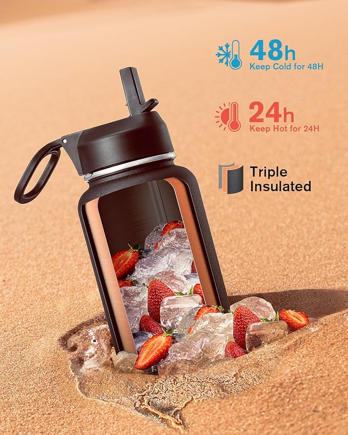 Water Bottle 40 oz Insulated with Straw&Brush, Coolflask Vaccum Stainless Steel Metal 3 Lids Water Flask for Sports, Gym or Office, Keep Cold 48H Hot 24H, Magic Black