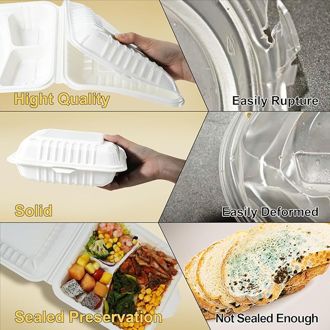 50-Pack 8x8 Inch Clamshell Take Out Food Containers|Lunch Containers with Compartments |Microwavable, Freezer Safe, Soak-Resistant, Durable, Stackable for Pasta Salad Sandwich(White)
