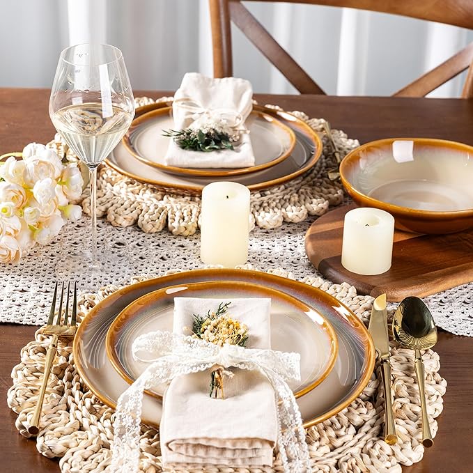 LeRatio Ceramic Dinnerware Sets for 4,Wavy Reactive Glaze Stoneware Plates and Bowls Sets,Highly Scratch Resistant | Dishwasher & Microwave,Oven Safe Dishes Set(12PCS)