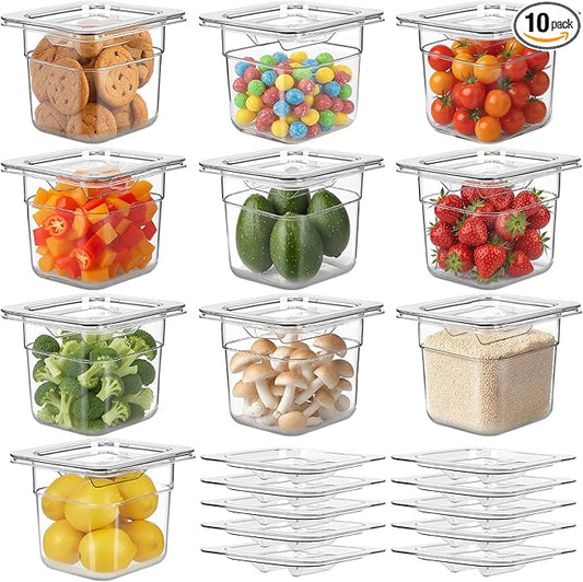 West Bay 10 Pack 1/6 Size Plastic Food Pans with Lids, 4 Inch Deep Clear Polycarbonate Hotel Pans for Commercial & Home Use, Stackable Food Storage Containers for Fridge, Kitchen & Catering