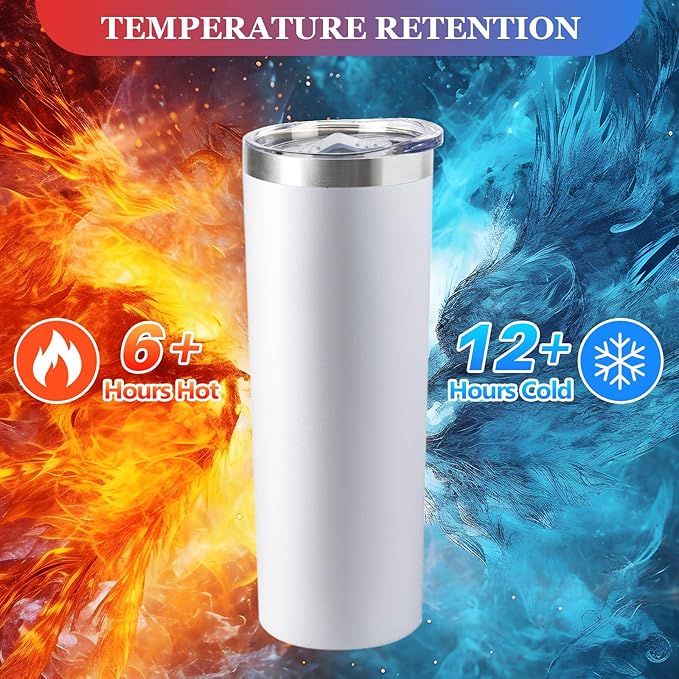 20 oz Skinny Tumblers with Lid and Straw,Stainless Steel Vacuum Insulated Tumbler Cup Double Wall Travel Coffee Mug, Thermal Water Tumbler for Hot and Cold Drinks(White,8)