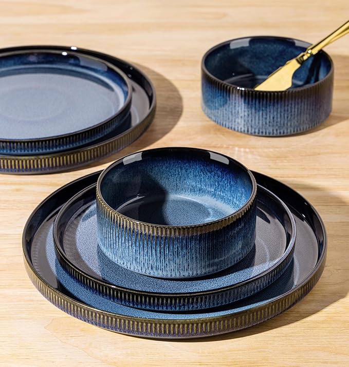TheTerra Ceramic Dinnerware Sets for 6, 18 Pieces Porcelain Lightweight Speckled Plates and Bowls Sets, Scratch Resistant Dish Set, Oven & Microwave & Dishwasher Safe, Starry Blue