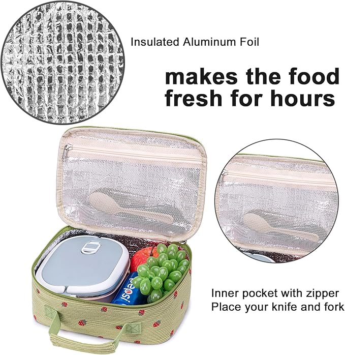 Bluboon Kids Girls Lunch Bag Insulated Lunch Box for school Corduroy Lunch Cooler Organizer School Kids Lunch Tote (Corduroy-Strawberries-Green)