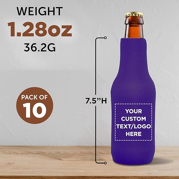 10 Neoprene Zippered Beer Bottle Coolies Pack - Customizable Text, Logo - Sharkskin Rubber Bottom - Purple