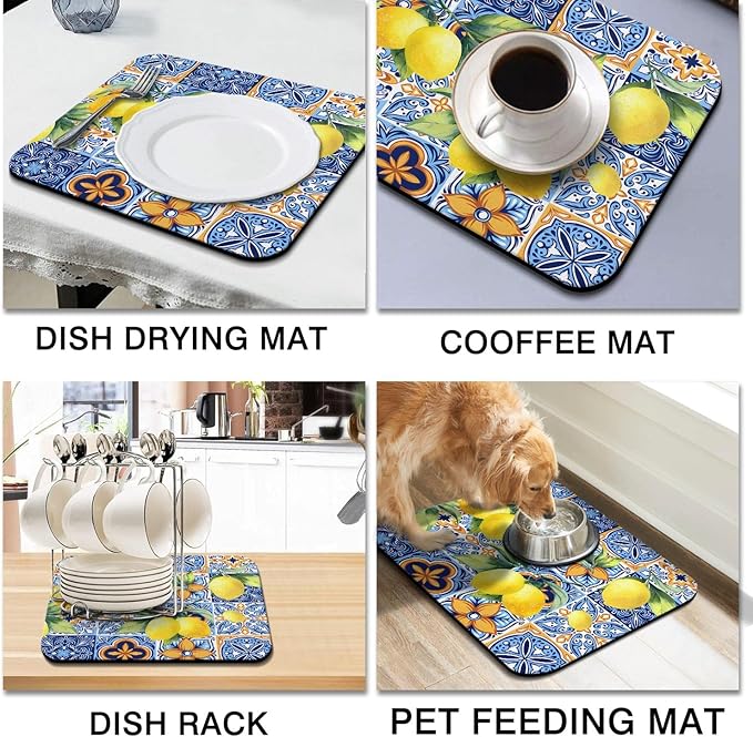 Rubber Dish Drying Mat for Kitchen Counter Large Lemon Washable Quick Home Coffee Pad Fit Under Sink,Bar,Utensils 16x18in