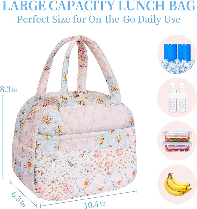 Quilted Lunch Box for Women,Insulated Cute Reusable Lunch Bag with Front Pocket,Pink Flower Stylish Lunch Tote Bag for Work, Office,Picnic, Travel,School (coloful floral)