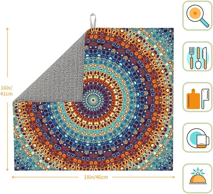 Boho Mandala Orange Blue Green Colorful Drying Mat 16x18 Inch For Kitchen Counter Drying Mats Dish For Kitchen Counter Easy Clean Kitchen