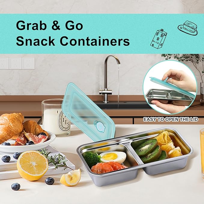 6pcs Grab and Go Snack Containers, Stainless Steel Double Compartment Snack Containers with Lids, Reusable & Dishwasher-Safe, Divided Meal Prep Lunch Box for Travel, Office and Outdoor