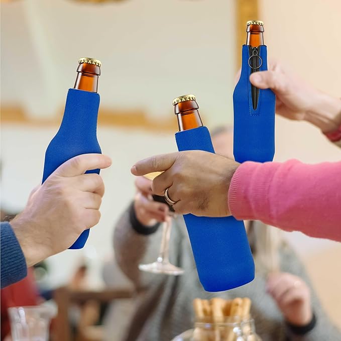 10 Neoprene Zippered Beer Bottle Coolies Pack - Sharkskin Rubber Bottom - Royal Blue