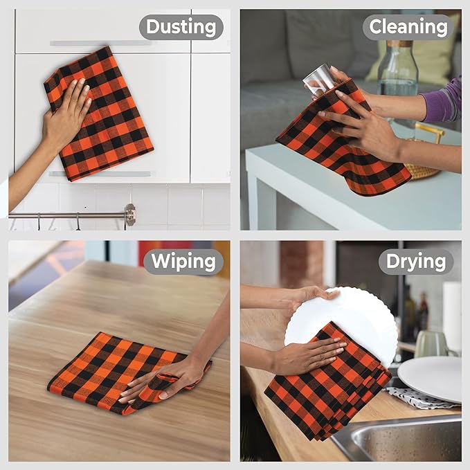 Urban Villa Halloween Kitchen Towels Set of 6 Dish Towels Size 20''x30'' Buffalo Checks Orange/Black 100% Cotton Highly Absorbent Quick Drying Dish Cloths & Dish Towels with Hanging Loop Tea Towels