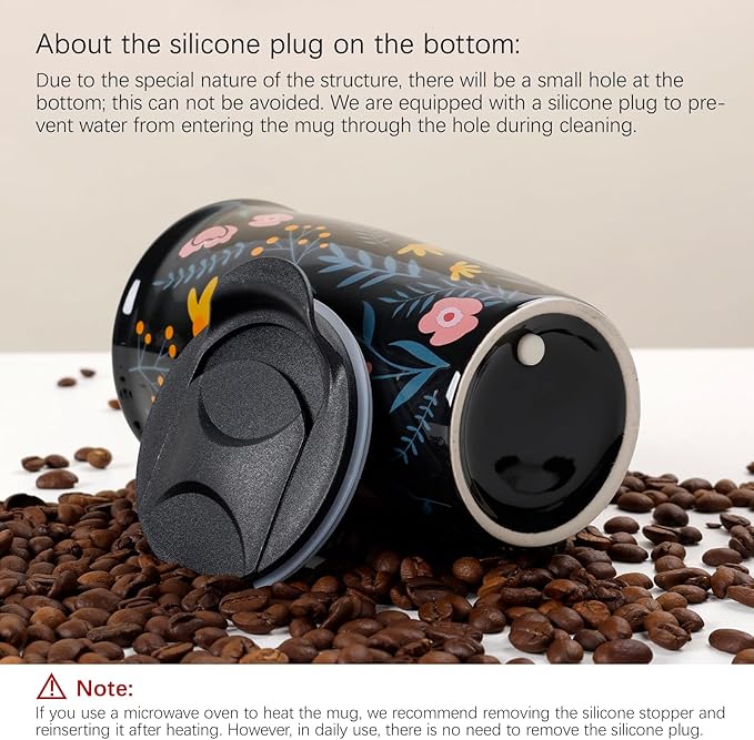 ANTIS'S HOME Ceramic Travel Mug with Lid, Flower Pattern Black Double Wall Coffee Mug Tumbler, Reusable Tall Cup, Splash Resistant Lid, Dishwasher Microwaveable Safe