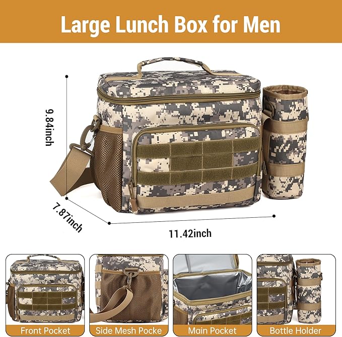 Tactical Lunch Box for Men, Insulated Lunchbox Waterproof Leakproof Cooler Lunch Bag for Work Outdoor Picnic, 24 Cans/15 L, Desert