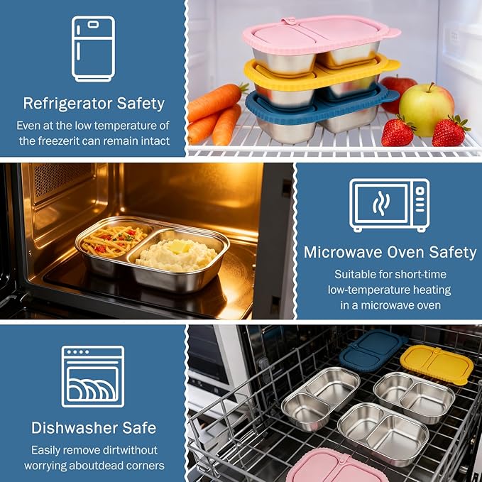 3 Pack Stainless Steel Snack Containers with Lids, Reusable 2 Compartment Food Storage Containers, Portable Bento Lunch Snack Boxes for Home, Travel, Outdoor and Camping