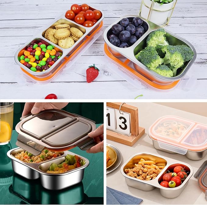 Stainless Steel Snack Box Containers, Reusable 2 Compartment Condiment Box with Lids, Food Container Sauce Cups, Divided Food Storage Containers for Home and Travel (Black)