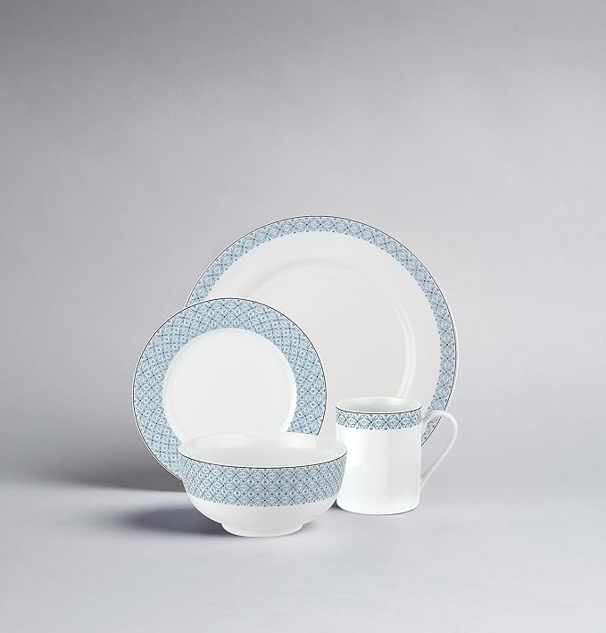 Portmeirion Home Mallorca 16 Piece Porcelain Dinnerware Set with Blue Geometric Border, 4 Place Settings - Ideal for Weekday Meals, Casual Brunches, Relaxed Dinner Parties, Small Family Celebrations