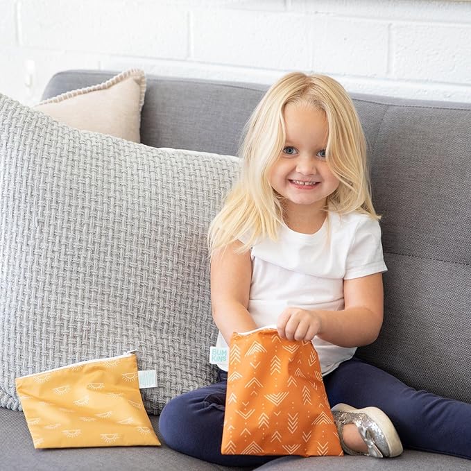 Bumkins Reusable Sandwich and Snack Bags, for Kids School Lunch and for Adults Portion, Washable Fabric, Waterproof Cloth Zip Bag, Travel Pouch, Food-Safe Storage, Large 2-pk Desert Boho