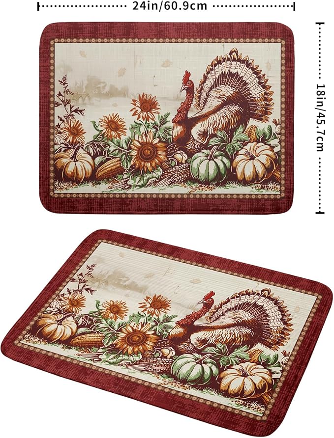 Rustic Turkey Dish Drying Mat for Kitchen Countertop 18x24 inch Fall Thanksgiving Pumpkin Sunflowers Harvest Dish Drainer Mats Fast Drying Farmhouse Country Style Dish Drying Pad Holiday Decor Large